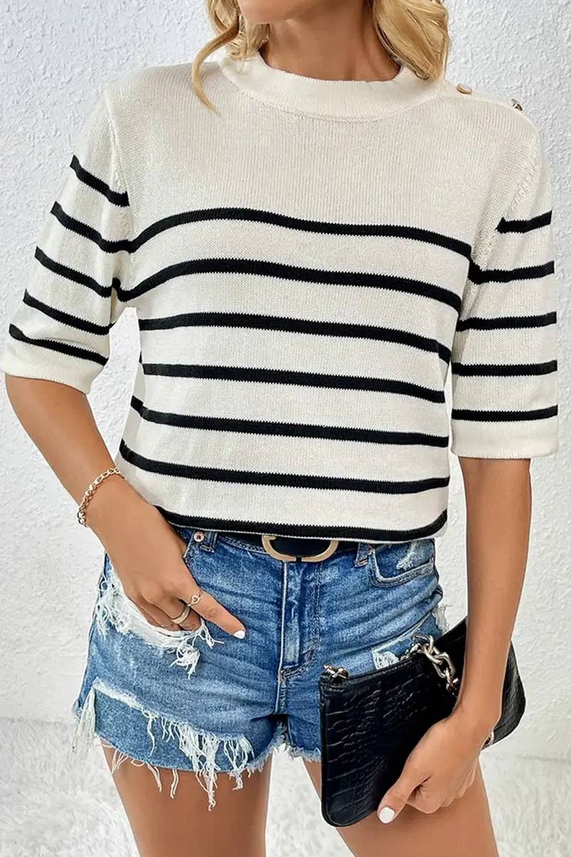 CWTTS1309_STRIPED FASHION ROUND NECK SHORT SLEEVE SWEATER