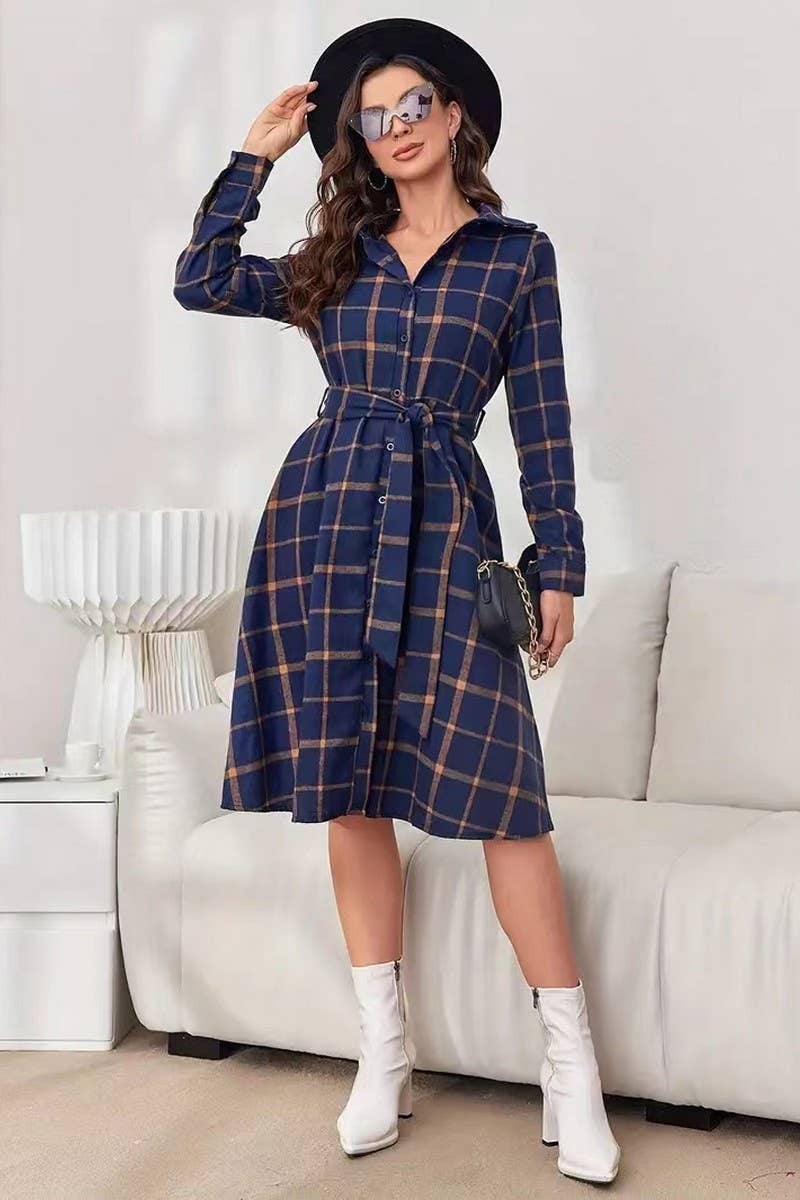 CWTDSL0125_PLAID LONG SLEEVE BELTED MIDI SHIRT DRESS