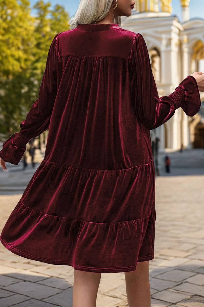 CWDMD3552_V-NECK LONG-SLEEVED SOLID COLOR VELVET DRESS