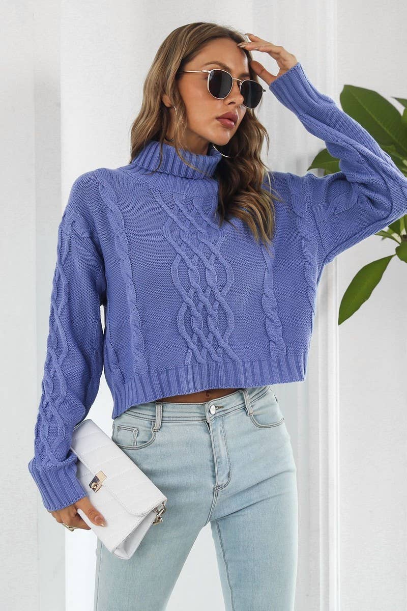 CWOSWL3875_HIGH COLLAR LONGSLEEVE TWISTED ROPE SHORT SWEATER