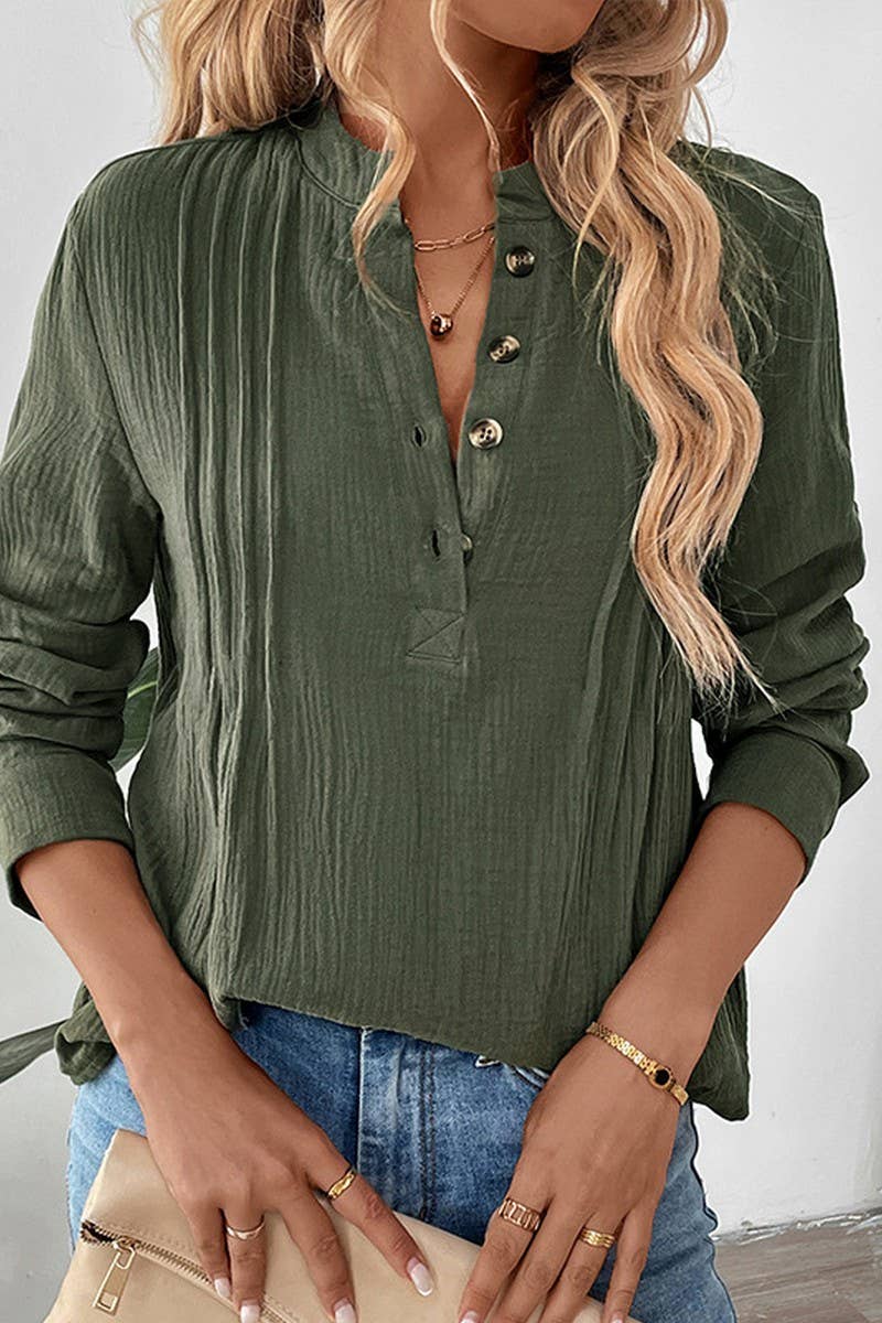 CWTBLL3708_BUTTON V-NECK SOLID COLOR CASUAL PULLOVER SHIRT