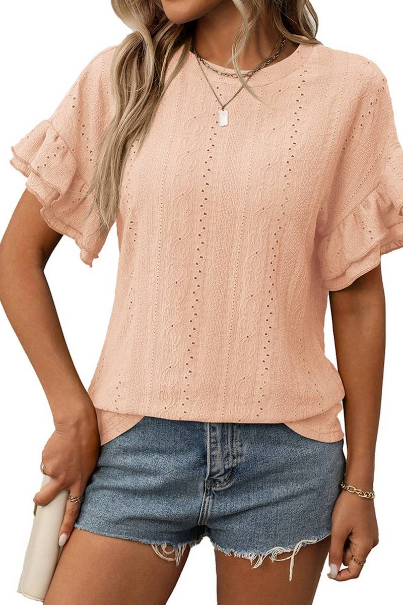 CWTBLS1719_ROUND NECK RUFFLE SLEEVE SHORT SLEEVE T-SHIRT TOP