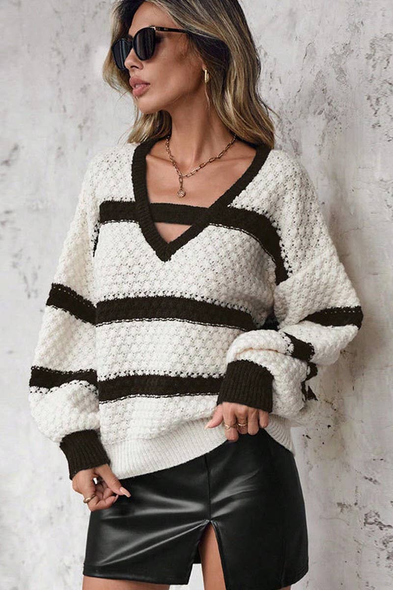 CWOSWL07368_LOOSE COLORBLOCK V NECK LANTERN SLEEVE KNIT TOP