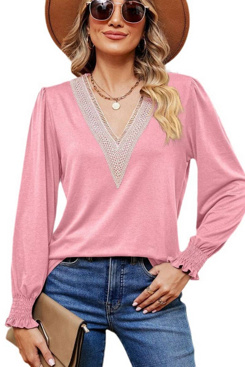 CWTBLL2395_V-NECK LACE RUFFLE SLEEVES LOOSE CASUAL TOP