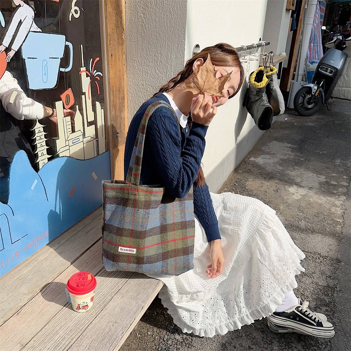 CWAB3897_LARGE CAPACITY VINTAGE PLAID TOTE SHOULDER BAG