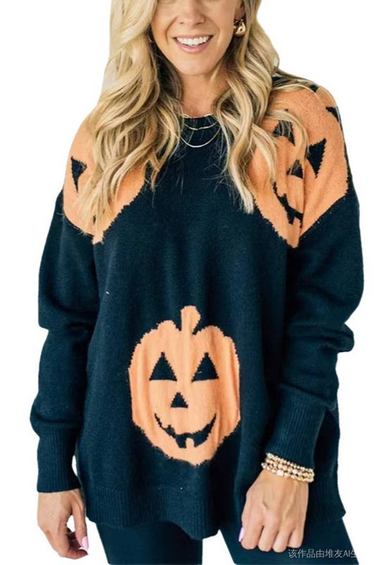 CWOSWL07655_HALLOWEEN PUMPKIN PRINT PULLOVER SWEATER