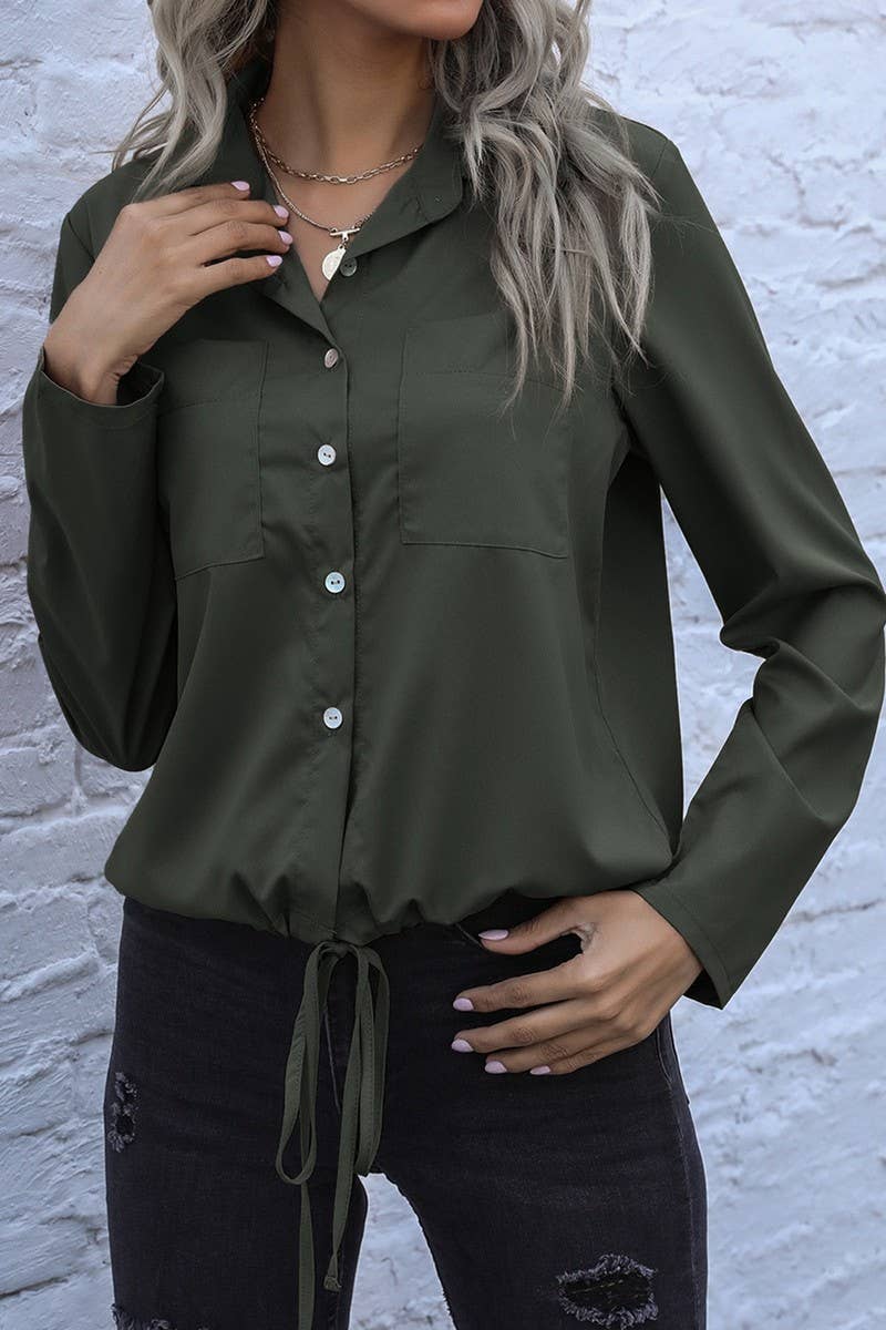 CWTSTL00958_LAPEL DRAWSTRING LONG SLEEVE SOLID SHIRT
