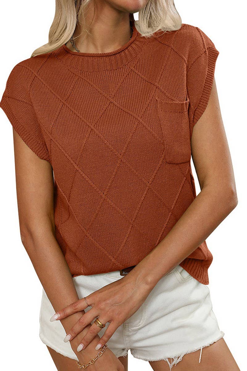 CWTTS1370_ROUND NECK DIAMOND CHECK KNITTED SHORT SLEEVES