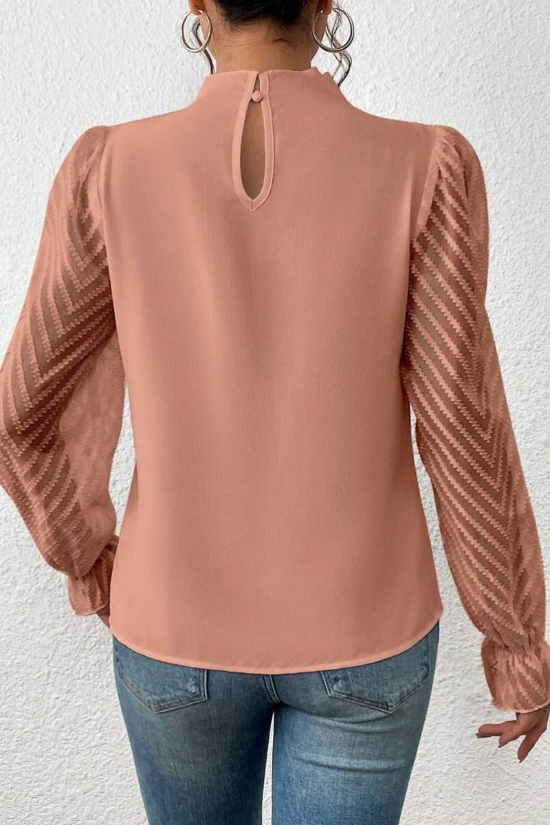 CWTBLL2546_FALL TURTLENECK MESH PATCHWORK LONG SLEEVE TOP