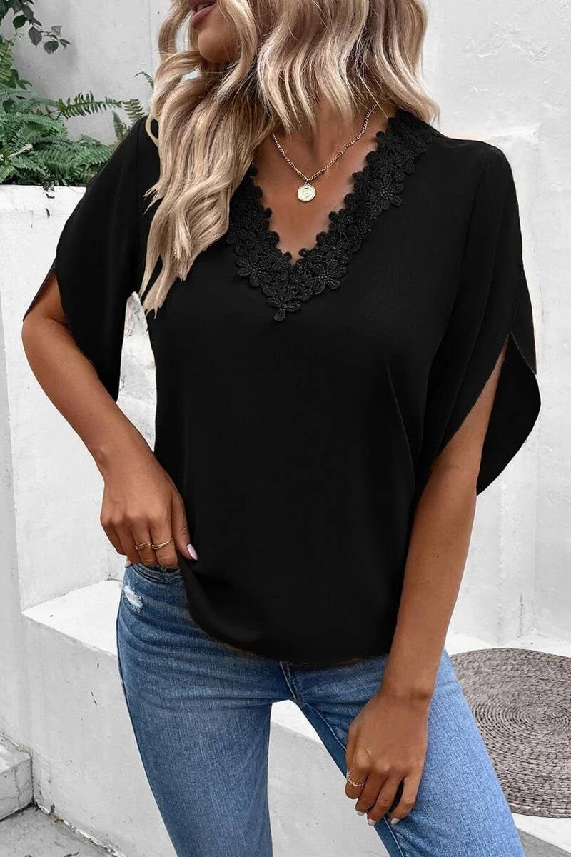CWTSTS0661_SUMMER LACE V-NECK TRUMPET SLEEVE LOOSE SHIRT