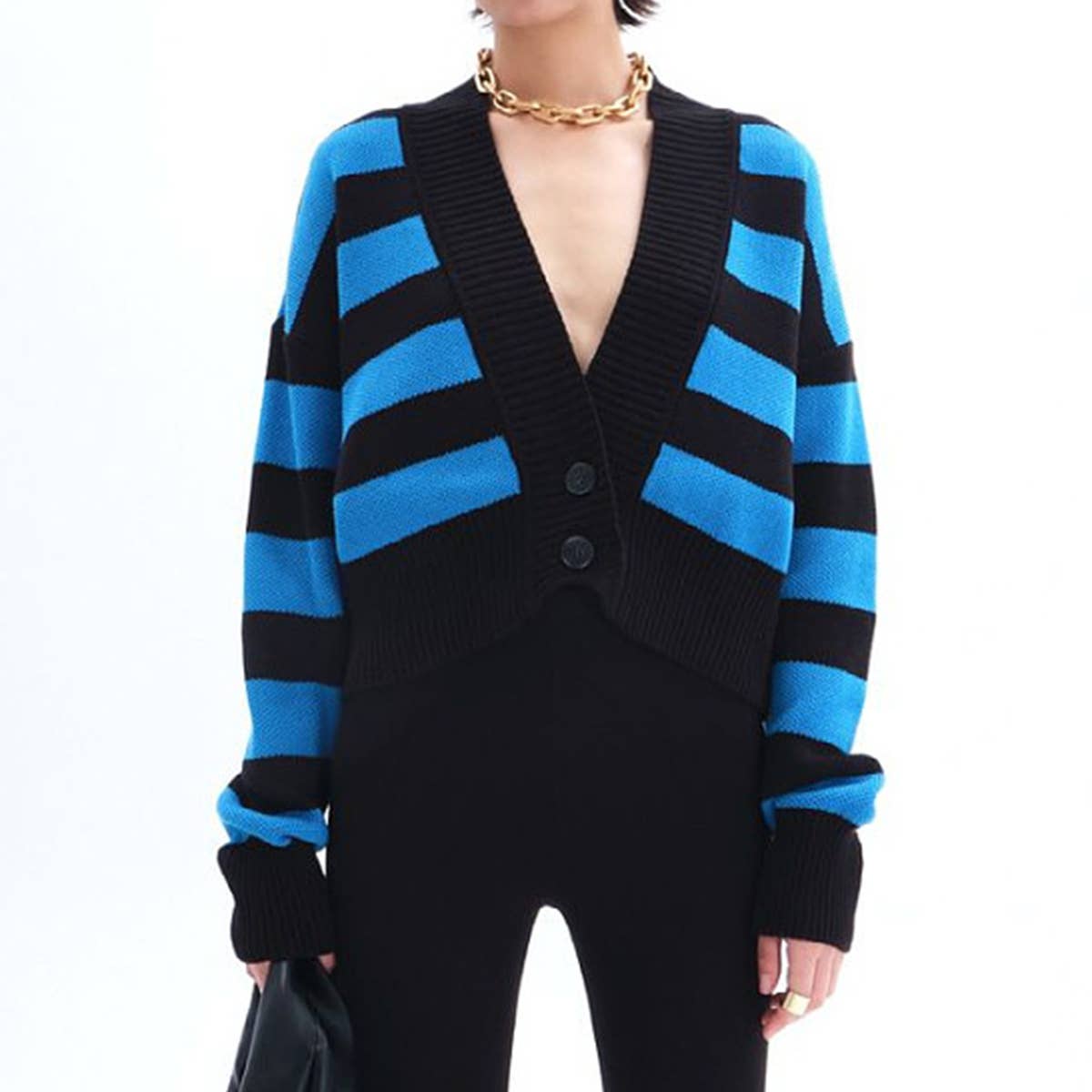 COLOR CONTRAST V-NECK DESIGN SENSE KNIT CARDIGAN