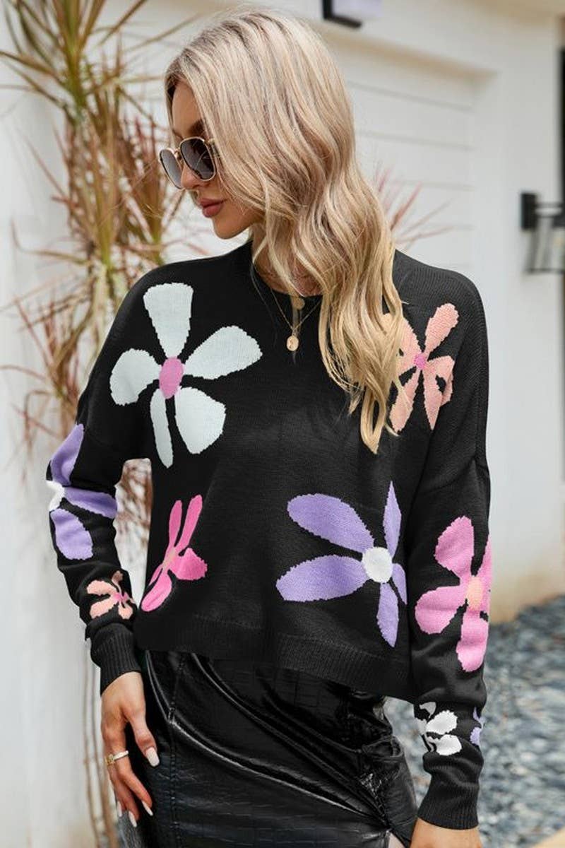 CWOSWL2666_ROUND NECK FLORAL PULLOVER LOOSE KNIT TOP