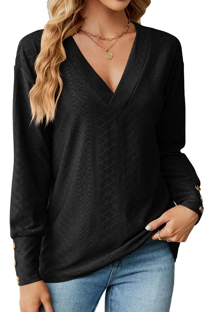 CWTTL1591_V-neck Pullover Long Sleeve Top