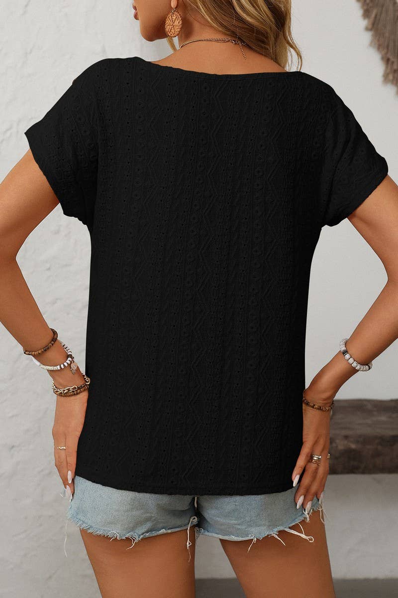 CWTBLS1709_ROUND NECK BUTTON SHORT SLEEVE CUTOUT TOP