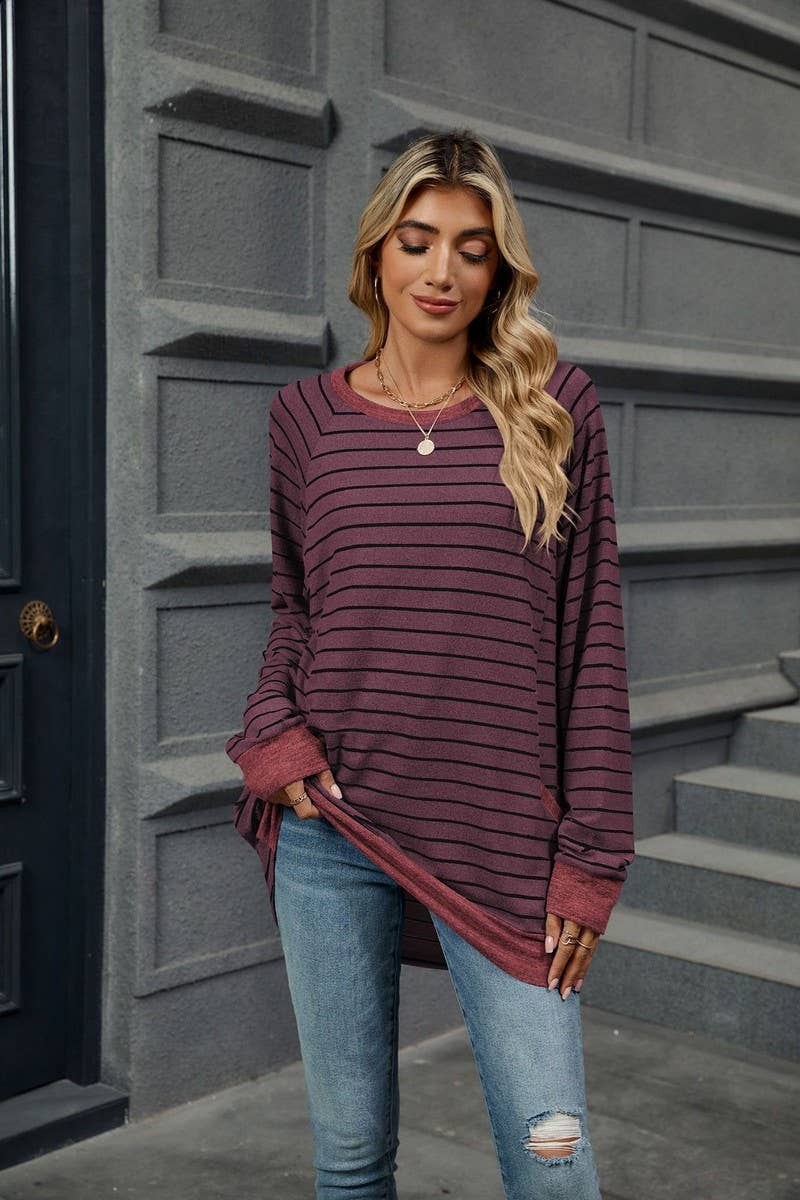 CWTBLL3664_COLOR BLOCKED STRIPED POCKET LOOSE T-SHIRT