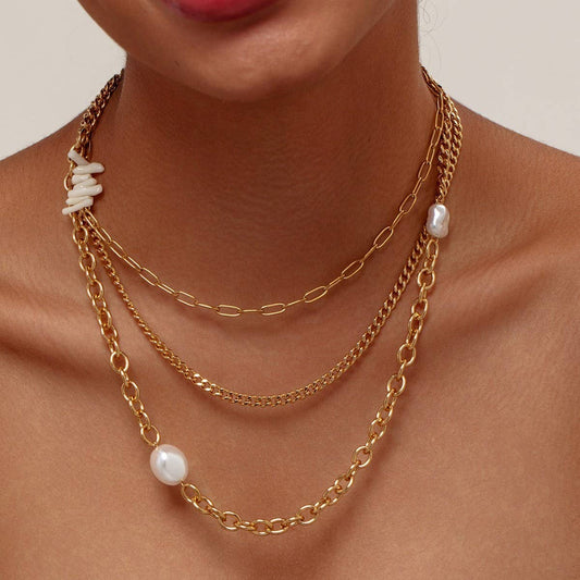 LAYERED CHAIN PEARL PENDANT NECKLACE_CWMM3583