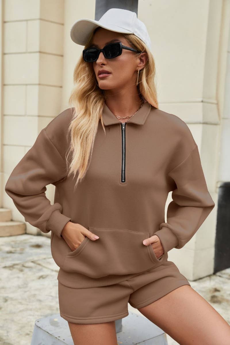 CWSS0862_FALL LONG-SLEEVED ZIPPER HOODIE SHORTS SUIT