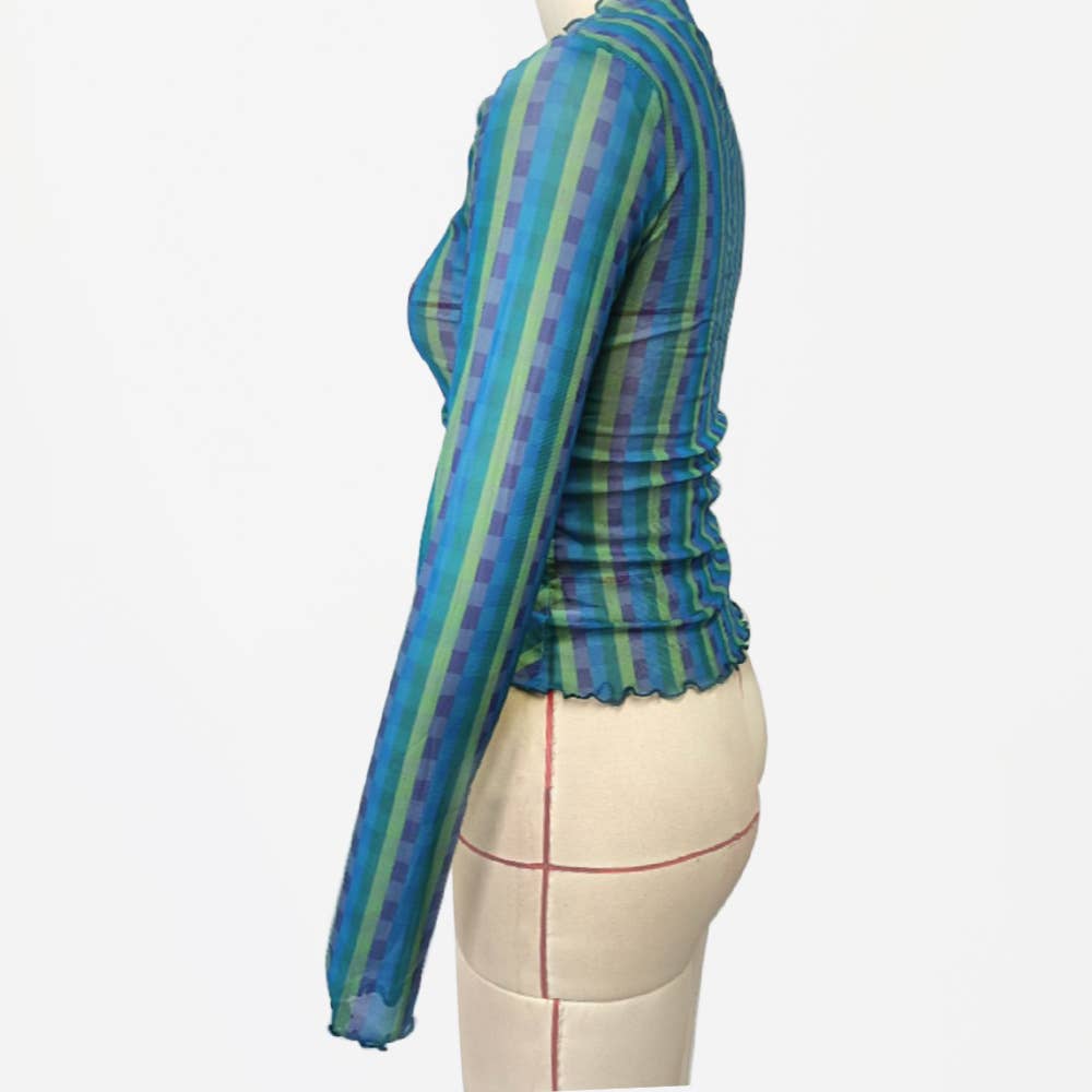 CREW-NECK RAINBOW PLAID PRINT SLIM-FIT PLEAT TOP