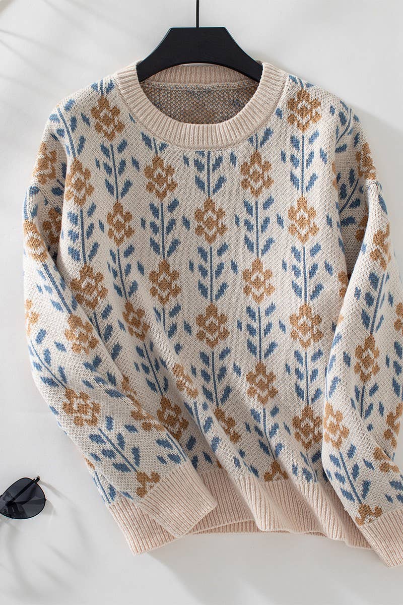 CWOSWL2927_FLORAL JACQUARD LONG-SLEEVED PULLOVER SWEATER