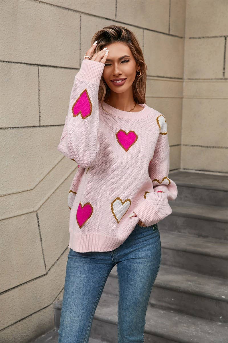 CWOSWL5782_CONTRAST VALENTINE'S DAY HEART PEACH SWEATER