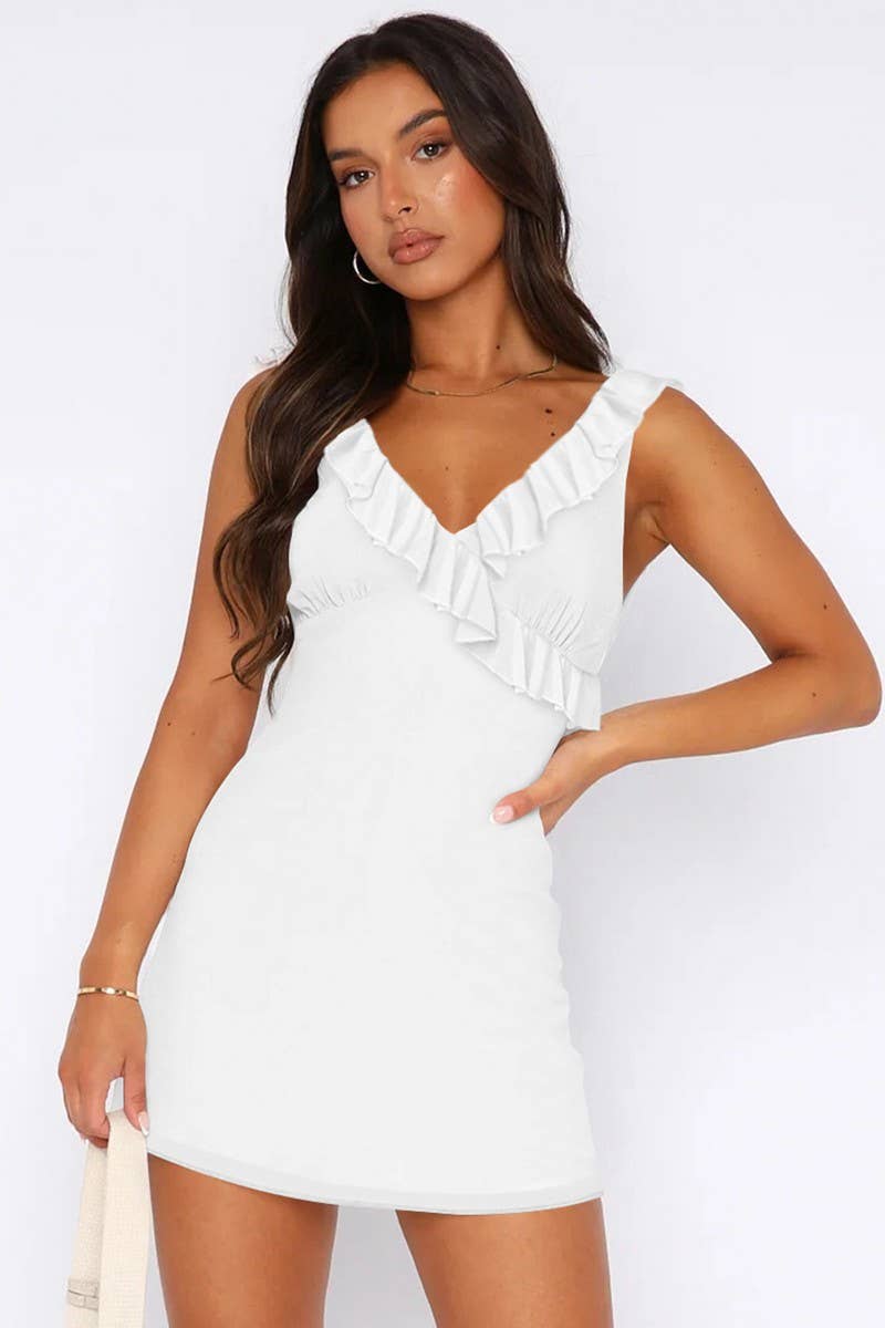 CWDSD7270_V-NECK PLEATED RUFFLE SLEEVELESS DRESS