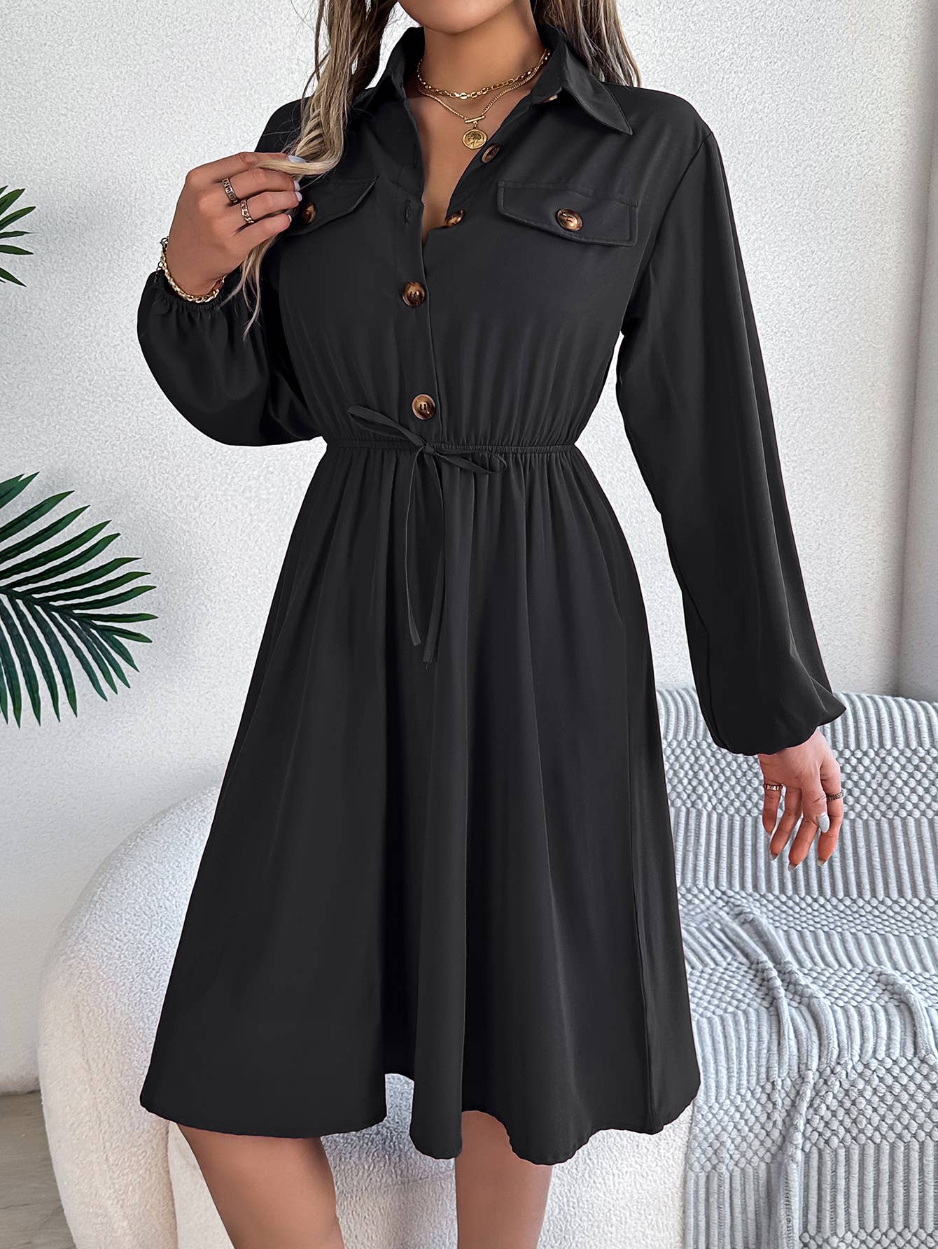 CASUAL BUTTON-UP WAIST LONG SLEEVE SHIRT DRESS