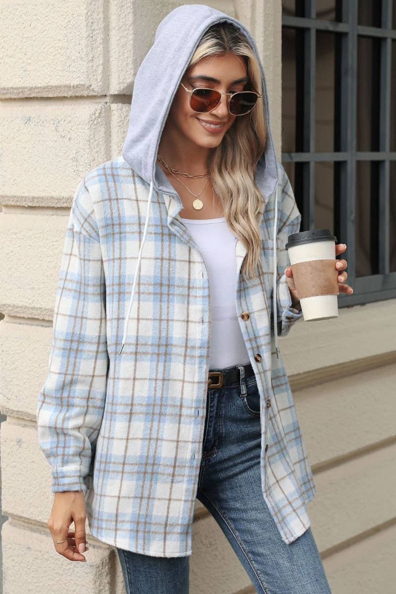 CWTSTL1709_PLAID COLOR MATCHING HOODED LONG-SLEEVED SHIRT