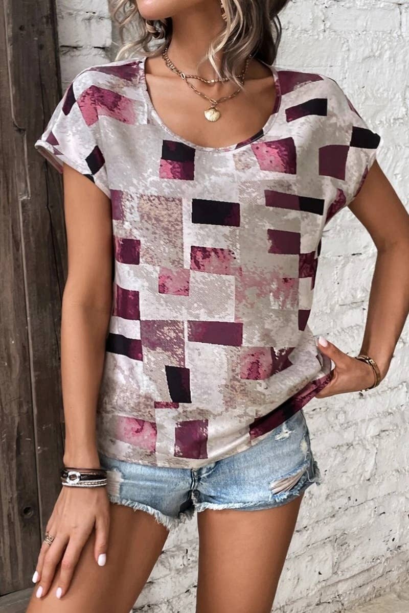 CWTBLS1147_SUMMER GEOMETRIC PATTERN LOOSE SHORT SLEEVE TOP