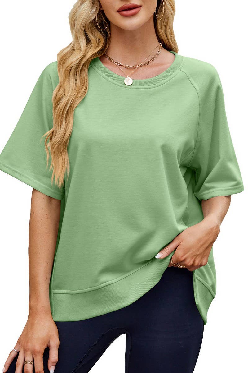 CWTTS1341_SPRING AND SUMMER THREADED ROUND NECK LOOSE TOP