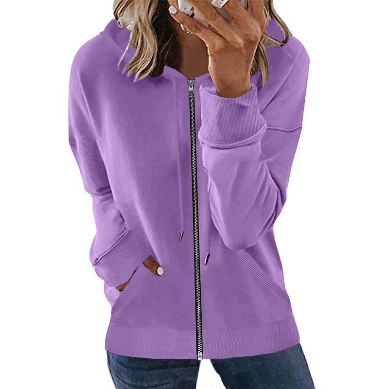 CASUAL SOLID COLOR HOODED ZIP-UP CARDIGAN