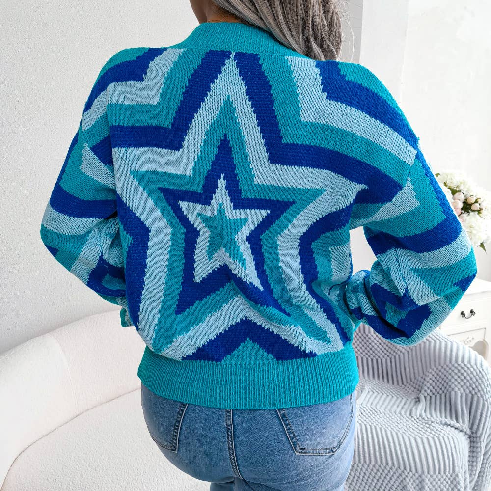 CONTRASTING STAR LONG-SLEEVED PULLOVER SWEATER