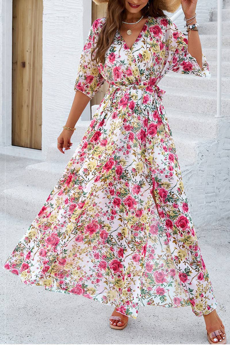 CWDMD0997_Deep V-Neck Wrap Short Sleeve Floral Print Dresses