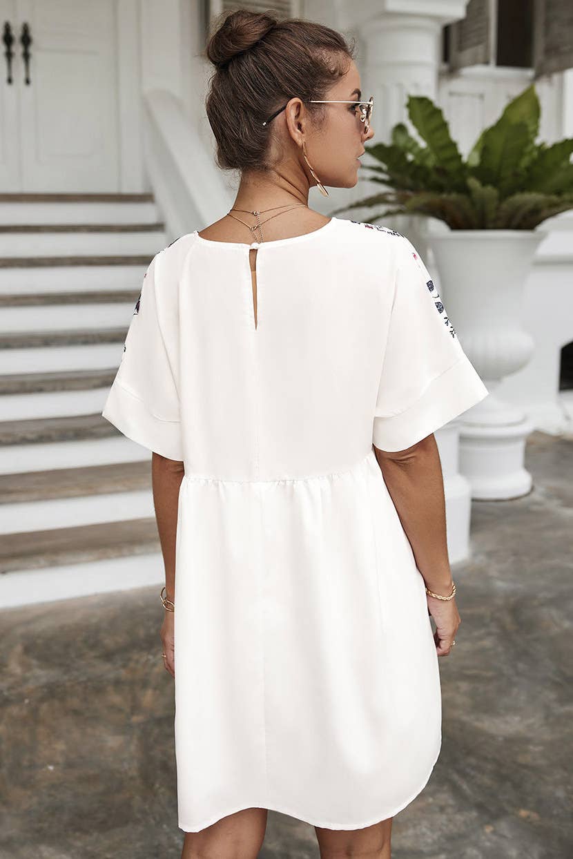 CREW NECK PRINT PATCHWORK LOOSE SHORT DRESS