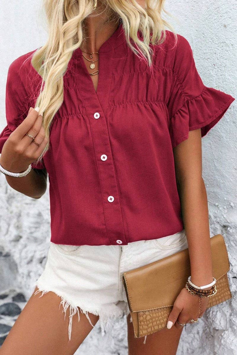 CWTSTS0679_SOLID COLOR STAND COLLAR CASUAL SHORT SLEEVE SHIR