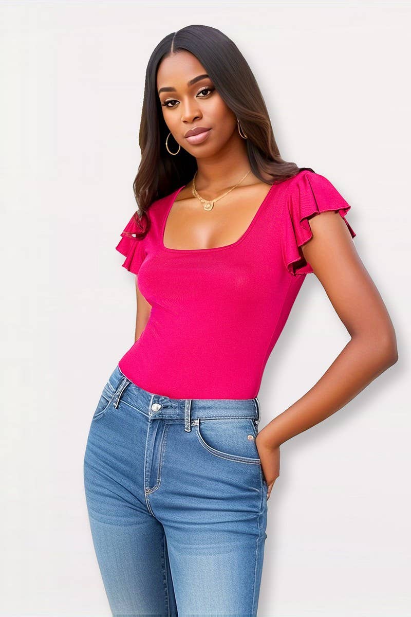 CWTBLS1910_RUFFLE SLEEVE SQUARE NECK SLIM FIT SUMMER TOP