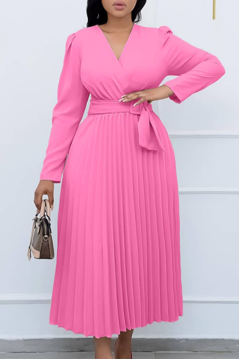 CWDMD3910_LACE-UP V-NECK LONG-SLEEVED PLEATED DRESS