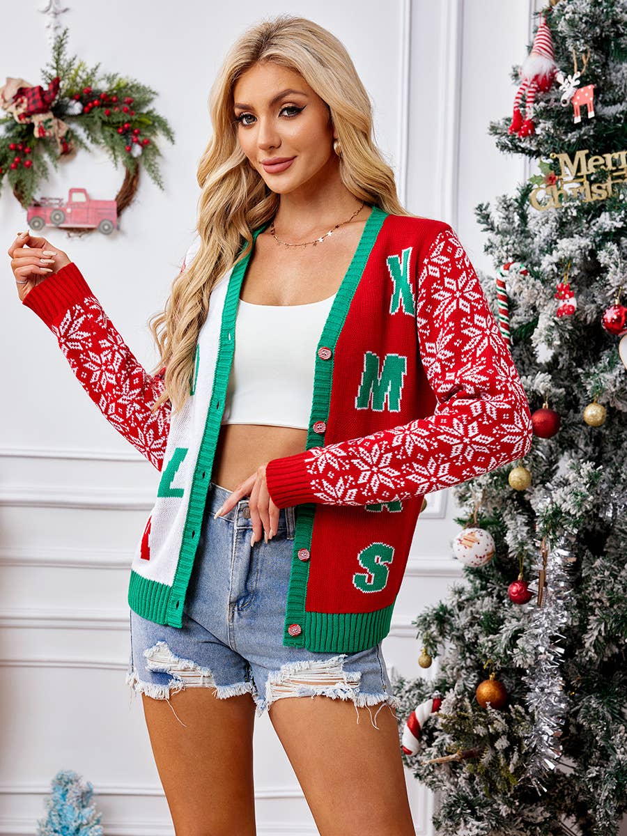 Christmas letter jacquard V-neck knit cardigan