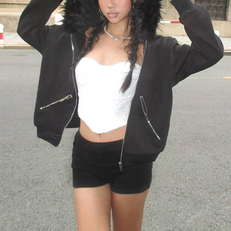 Dark wind big hair collar hooded loose coat