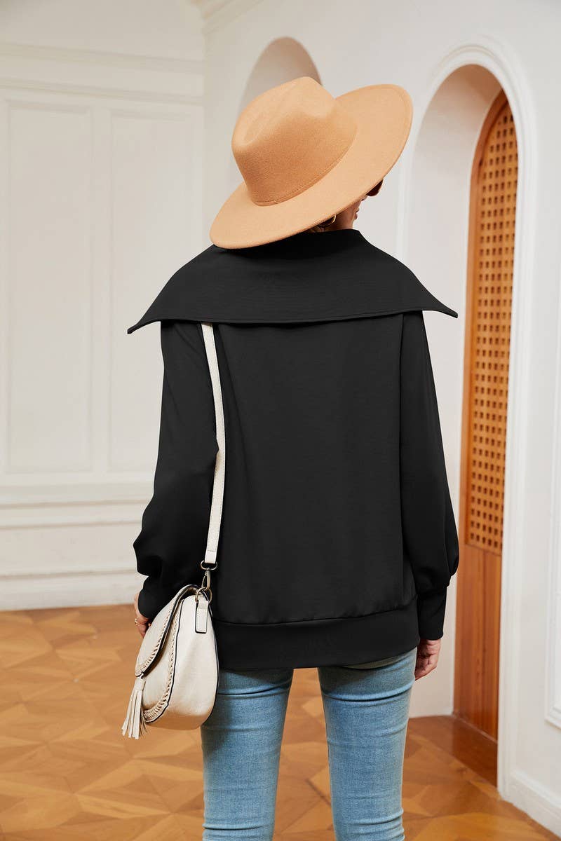 CWTBLL2400_SOLID COLOR ZIPPER LAPEL LOOSE SHAWL SWEATSHIRT
