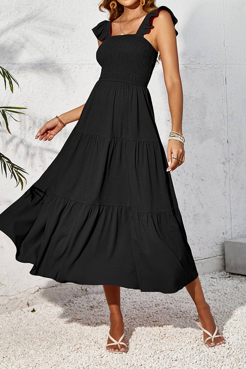 CWDHL0782_RUFFLED FLYING SLEEVES LONG FRENCH SLING DRESS