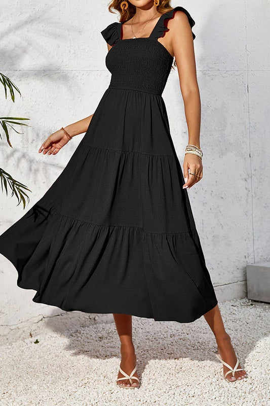 CWDHL0782_RUFFLED FLYING SLEEVES LONG FRENCH SLING DRESS