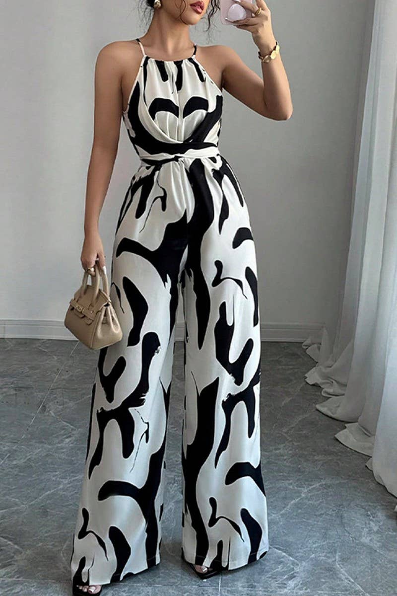 CWSJS1581_ZEBRA PRINT SPAGHETTI STRAP BELTED JUMPSUIT