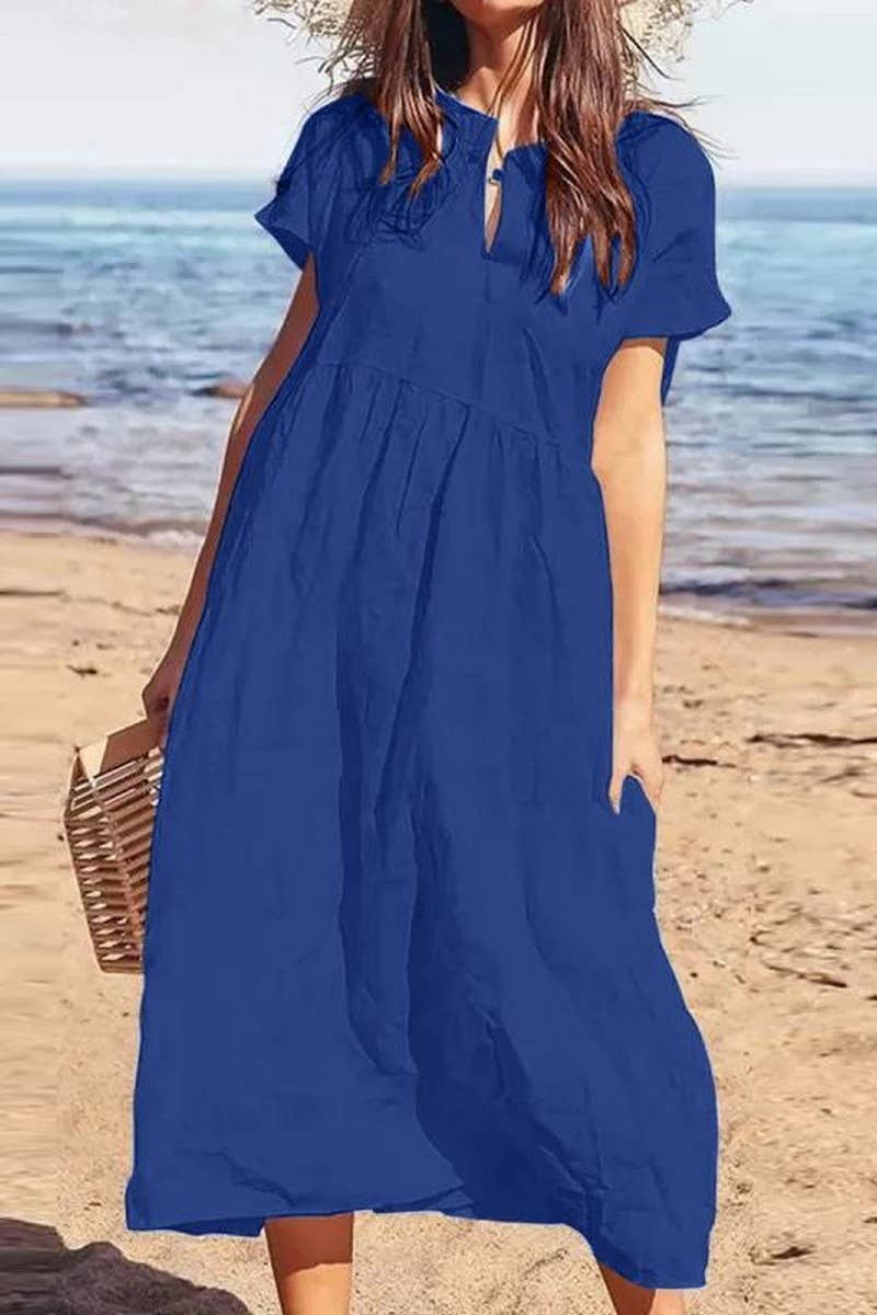 CWDMD00998_SOLID COLOR V-NECK SHORT-SLEEVED LOOSE CASUAL DRE