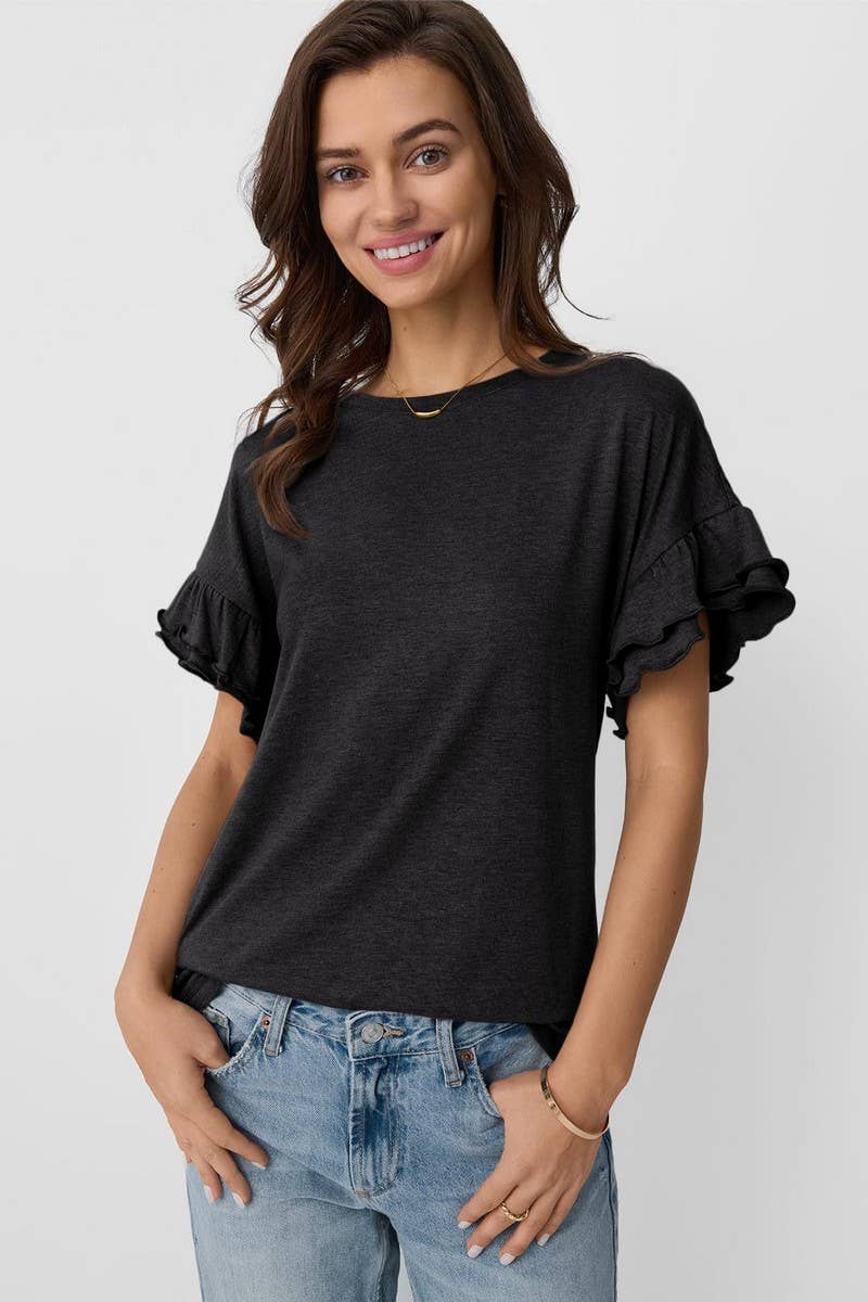 CWTBLS1620_SOLID COLOR ROUND NECK RUFFLE SLEEVE TOP