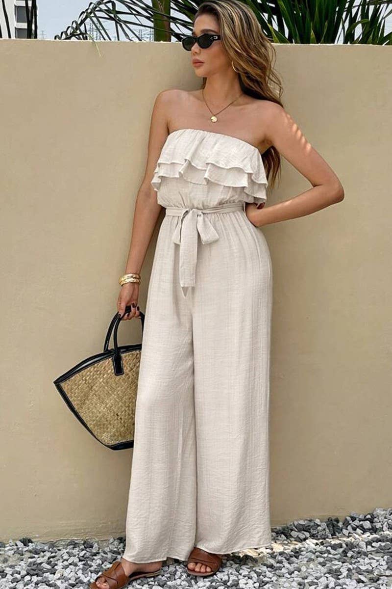 CWSBSSL0159_SUMMER SLEEVELESS RUFFLED LACE-UP JUMPSUIT