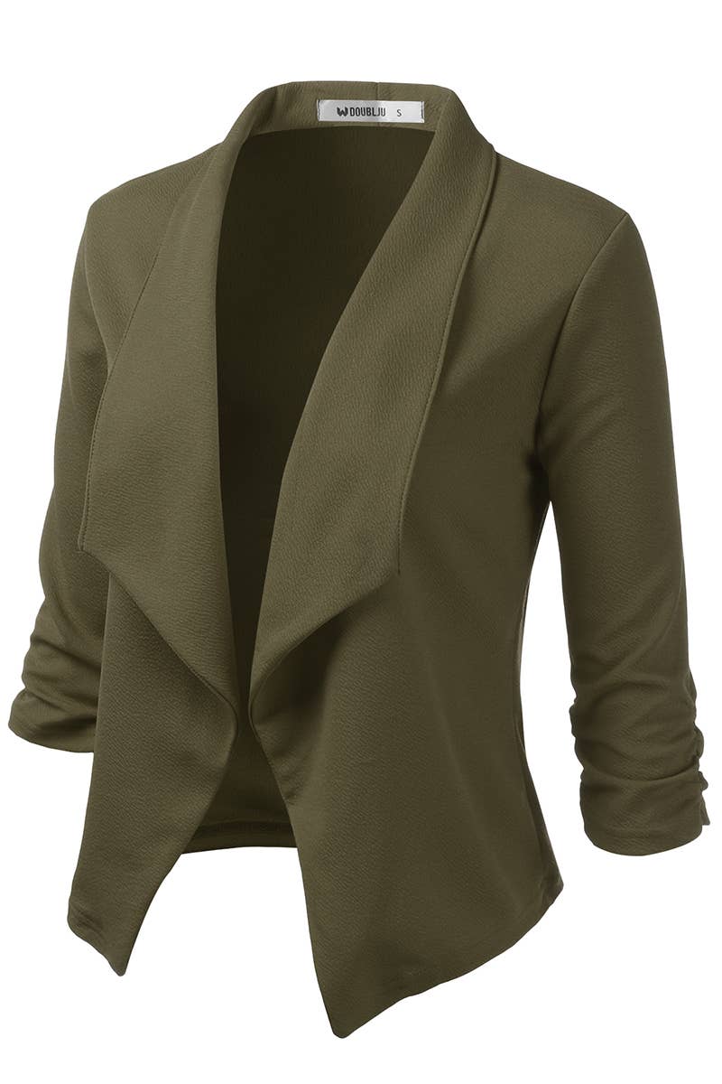 CWOBL091_Casual Work Ruched 3/4 Slv Open Front Blazer Jacket