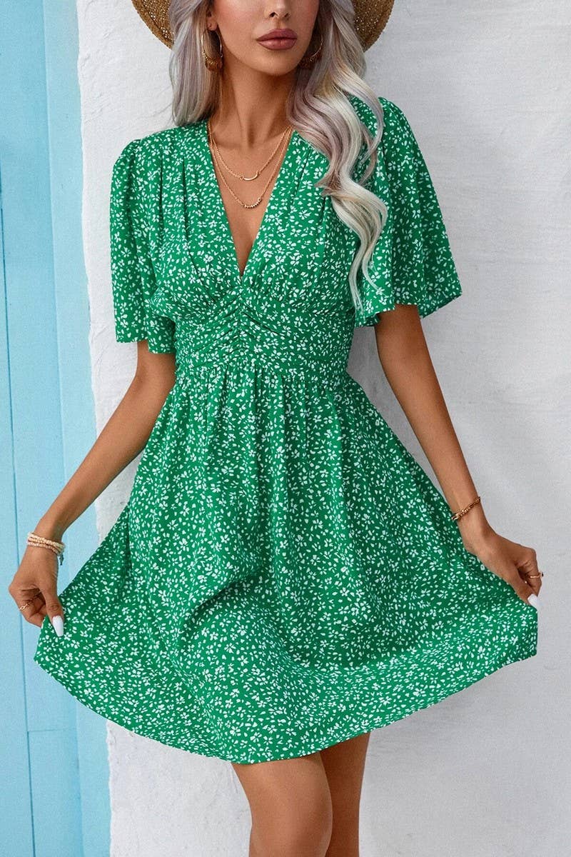 CWDSD7524_SUMMER V-NECK HIGH WAIST FLORAL PLEATED DRESS