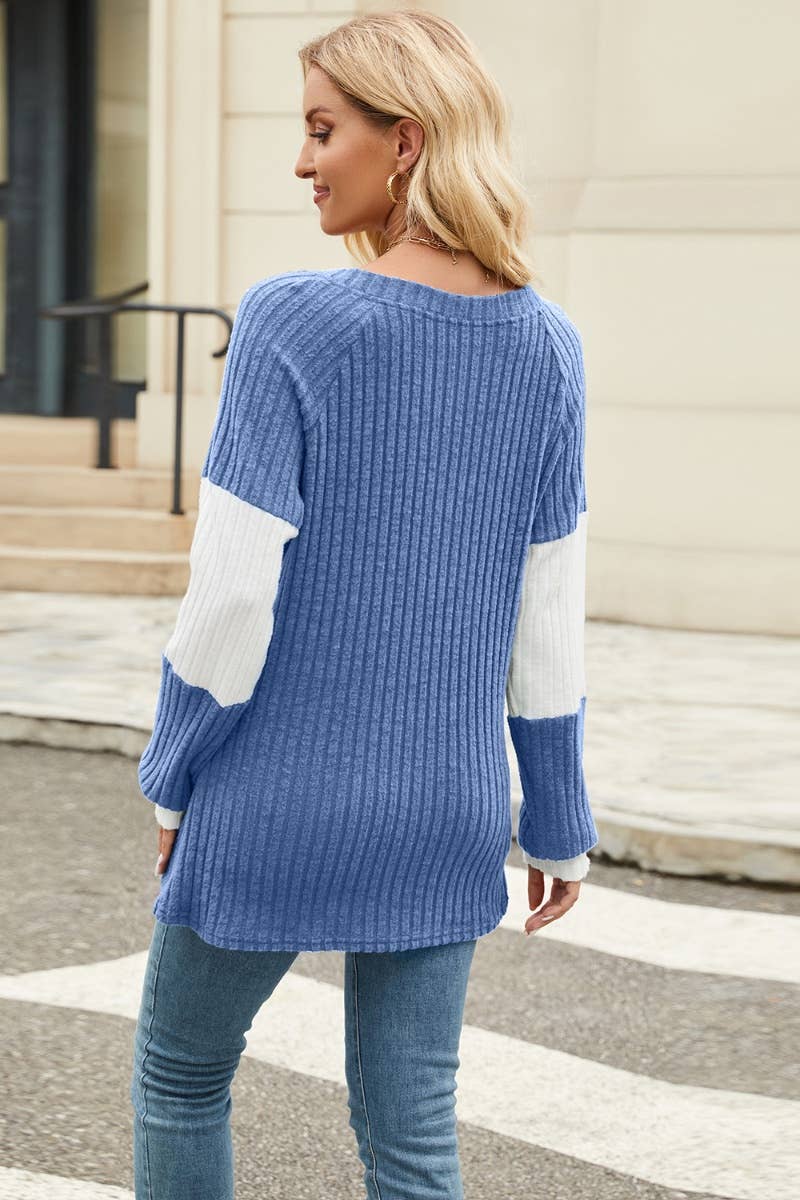 CWOSWL4448_DEEP V LONG SLEEVE COLOR BUTTON-UP SWEATER