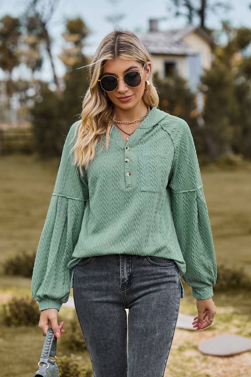 CWOHOL0738_BALLOON SLEEVE HOODED BUTTON LOOSE SWEATSHIRT