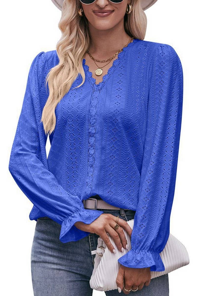 CWTBLL3761_SOLID COLOR RIPPED LACE V-NECK LONG-SLEEVED T-SHI